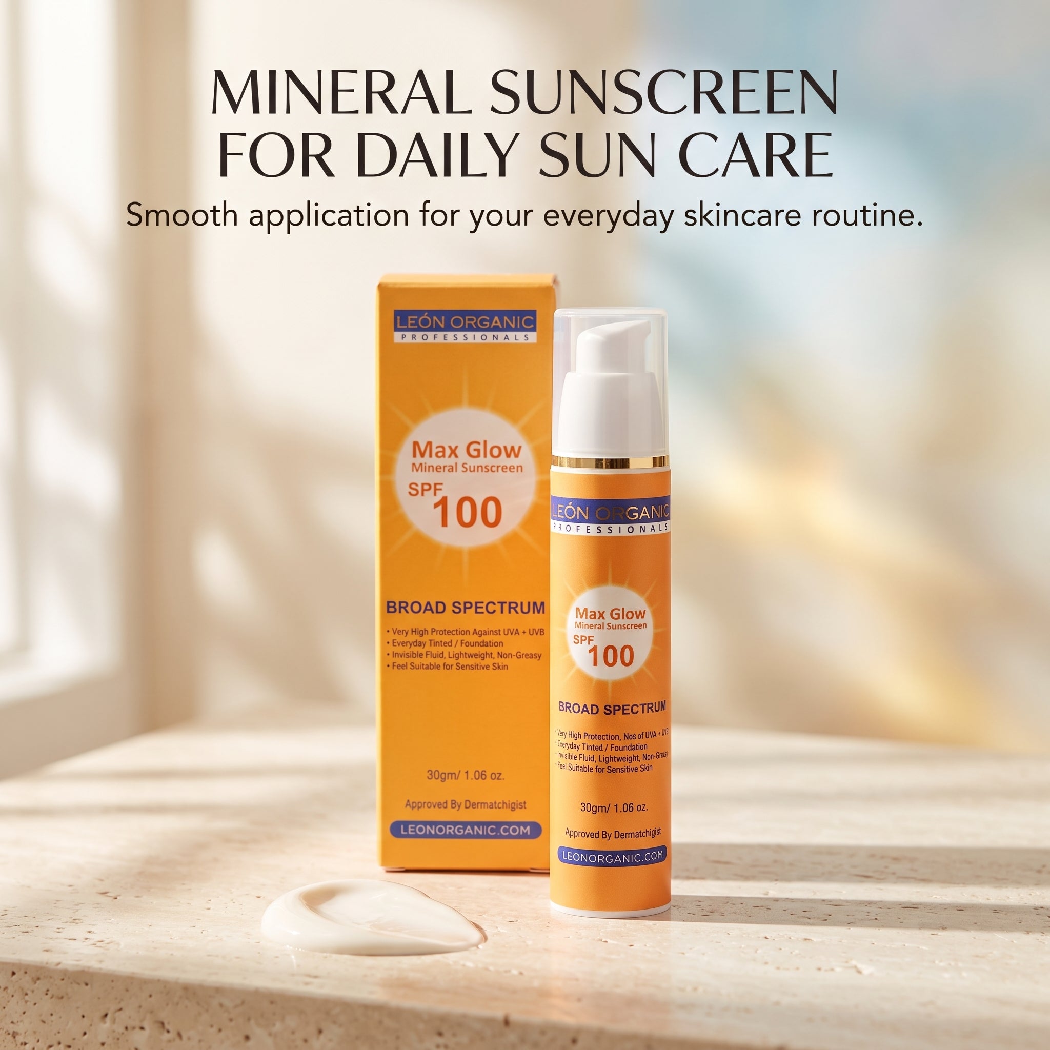 LEÓN Organic Max Glow Mineral Sunscreen SPF 100 – Broad Spectrum Face Sunscreen for Daily Sun Protection, Lightweight Skincare & Radiant-Looking Skin