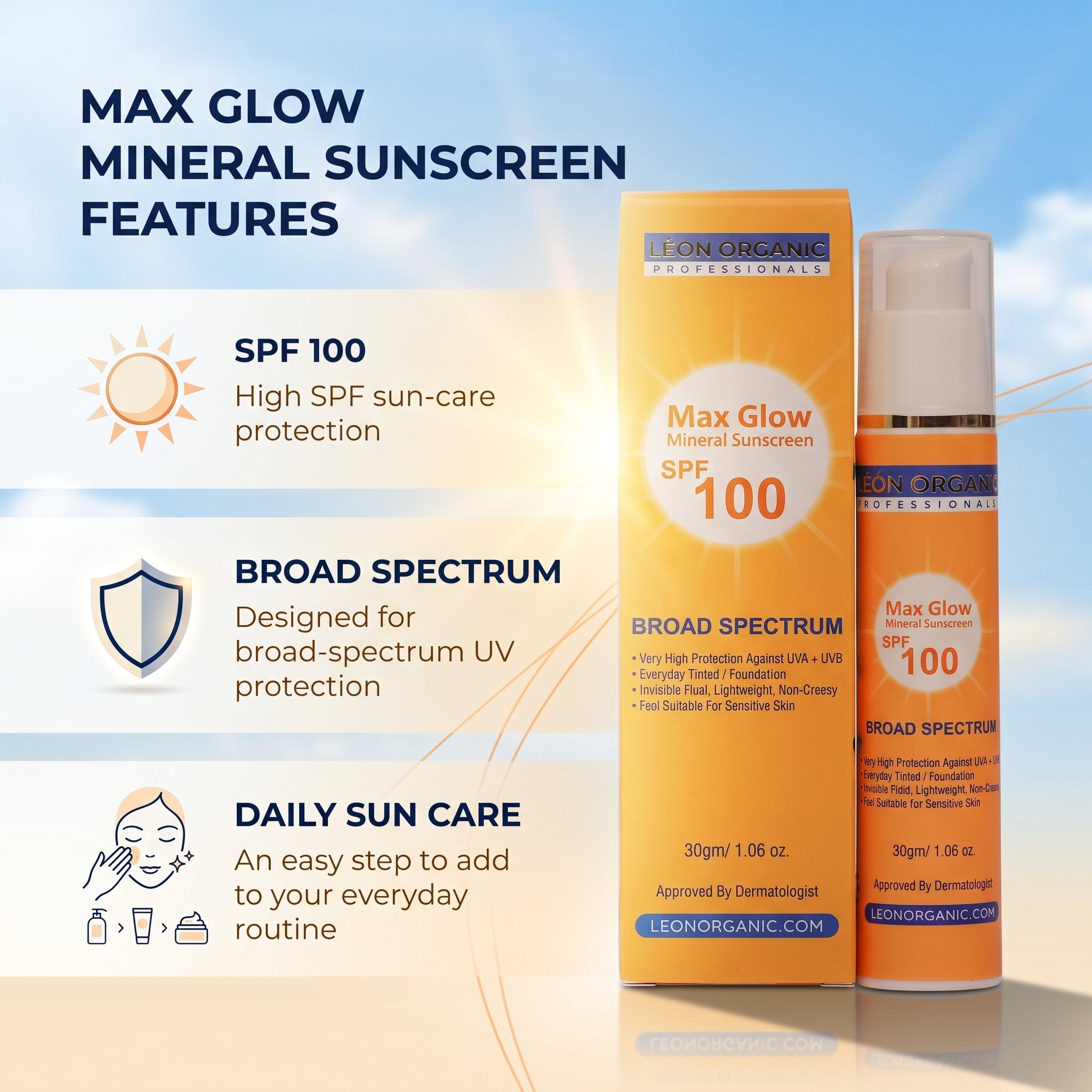 LEÓN Organic Max Glow Mineral Sunscreen SPF 100 – Broad Spectrum Face Sunscreen for Daily Sun Protection, Lightweight Skincare & Radiant-Looking Skin